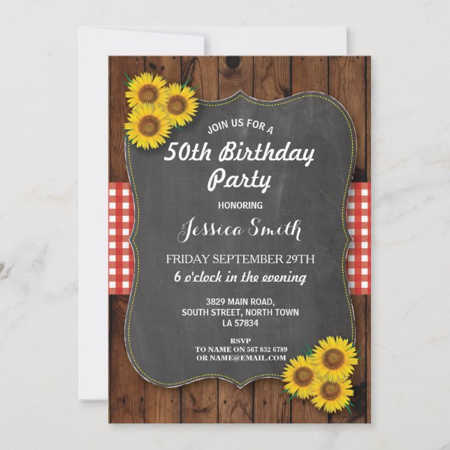 Sunflower Birthday Party Rustic Wood Chalk Invite (Front)