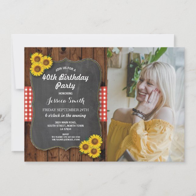 Sunflower Birthday Party Rustic Wood Chalk Photo Invitation (Front)