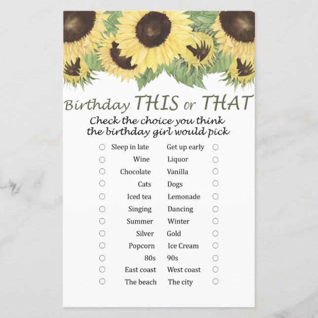 sunflower Birthday this or that game (Front)