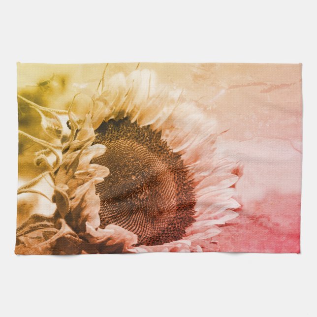 Sunflower Black And White Distressed Vintage Tea Towel (Horizontal)