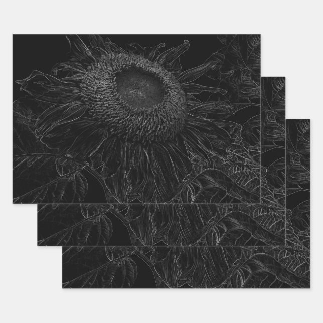 Sunflower Black And White Floral Art Decoupage Wrapping Paper Sheet (Set)