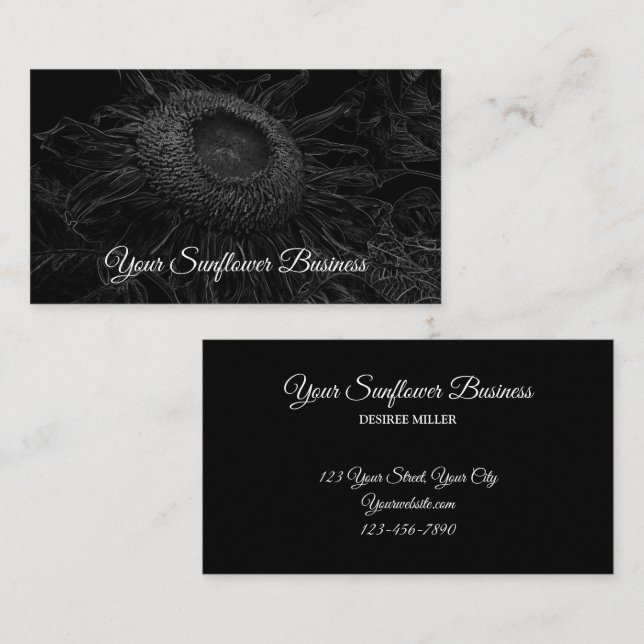 Sunflower Black And White Floral Art Elegant Business Card (Front/Back)