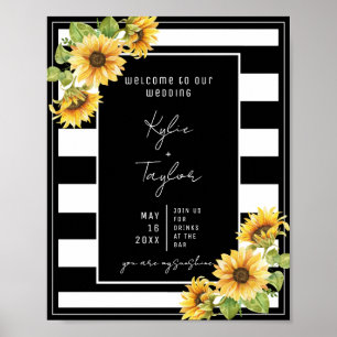 Sunflower Black and White Stripe Wedding Welcome Poster