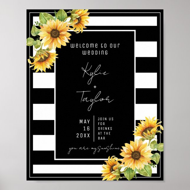 Sunflower Black and White Stripe Wedding Welcome Poster (Front)