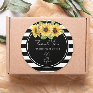 Sunflower Black and White Stripes Wedding Favour Classic Round Sticker