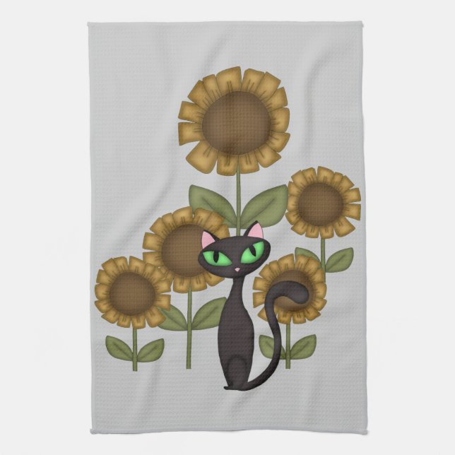 Sunflower Black Cat Tea Towel (Vertical)