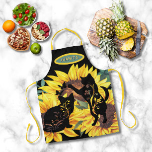 Sunflower Black Cats Watercolor Floral Apron