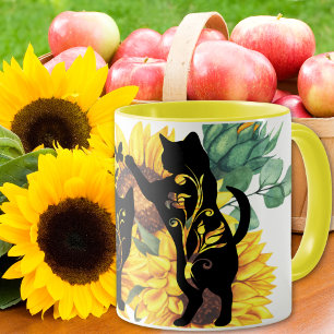 Sunflower Black Cats Watercolor Floral Mug