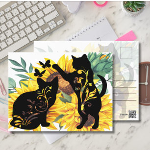 Sunflower Black Cats Watercolor Floral Postcard