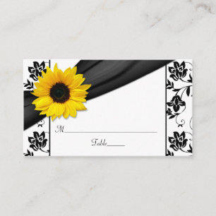 Sunflower Black Damask Floral Wedding Place Cards
