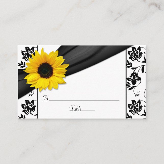 Sunflower Black Damask Floral Wedding Place Cards (Front)