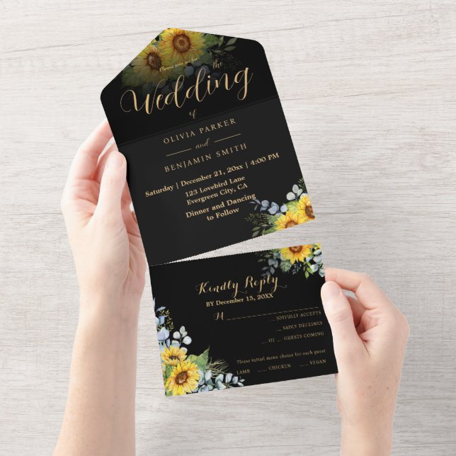 Sunflower Black Gold Calligraphy Wedding All In One Invitation (Tearaway)