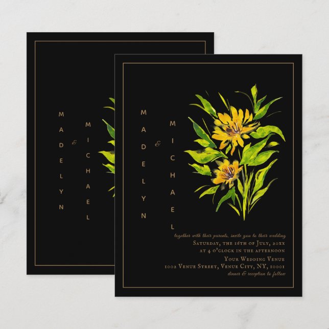 Sunflower Black Gold Script Wedding Invitation (Front/Back)
