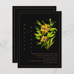 Sunflower Black Gold Script Wedding Invitation