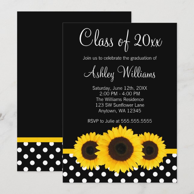 Sunflower Black Polka Dots Graduation Announcement (Front/Back)