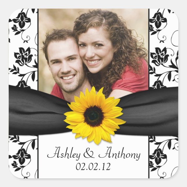 Sunflower Black White Damask Photo Wedding Square Sticker (Front)