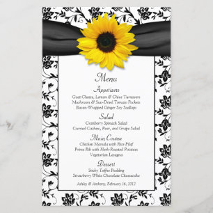 Sunflower Black White Damask Wedding Menu Card