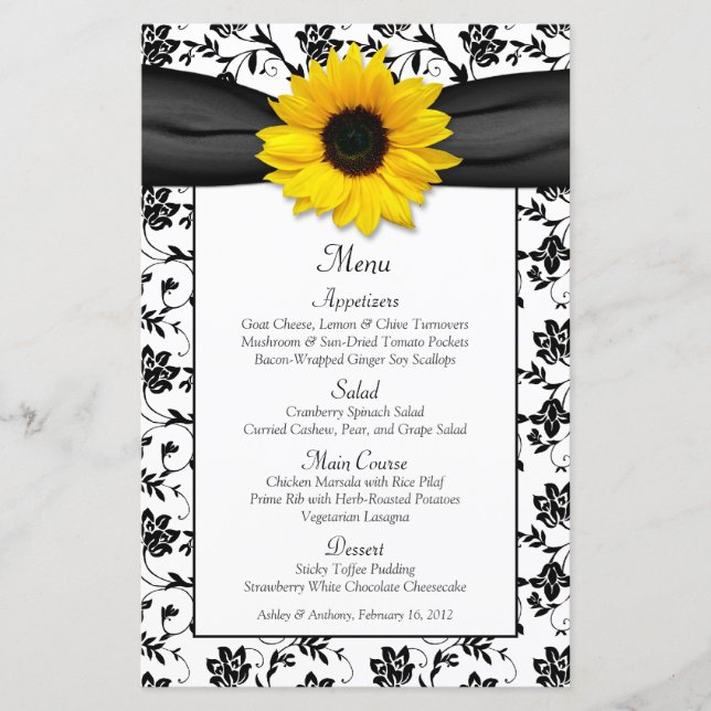 Sunflower Black White Damask Wedding Menu Card (Front)