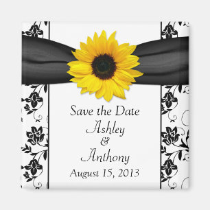 Sunflower Black White Damask Wedding Save the Date Magnet