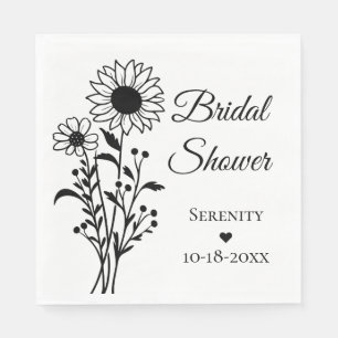 Sunflower Black White Floral Bridal Shower Napkin