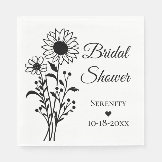Sunflower Black White Floral Bridal Shower Napkin (Front)