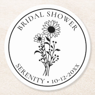 Sunflower Black White Floral Bridal Shower Round Paper Coaster