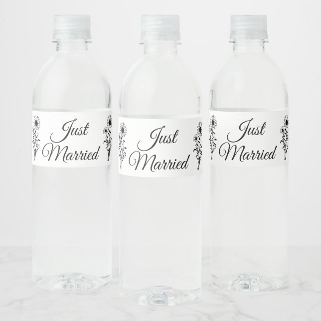 Sunflower Black White Floral Just Married Wedding Water Bottle Label (Bottles)