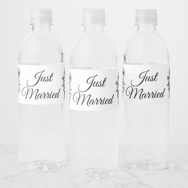 Sunflower Black White Floral Just Married Wedding Water Bottle Label (Bottles)
