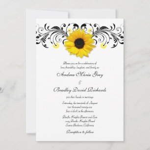 Sunflower Black & White Floral Wedding Invitation