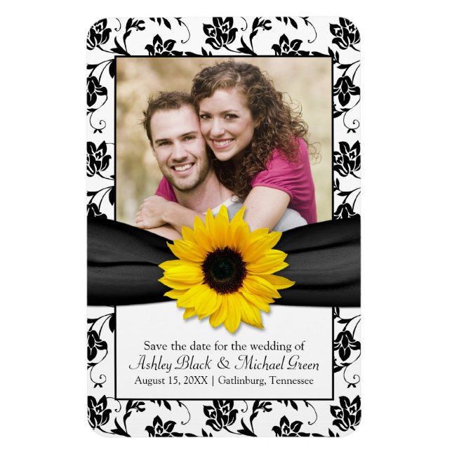 Sunflower Black White Floral Wedding Photo Magnet (Vertical)