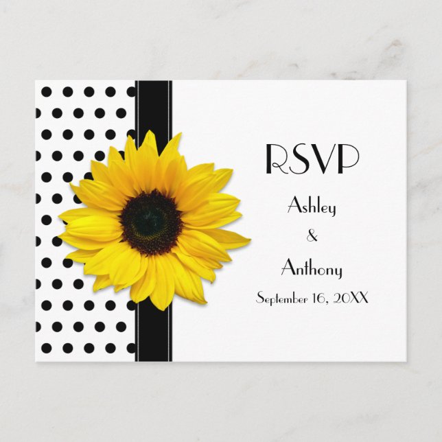 Sunflower Black White Polka Dot RSVP Postcard (Front)