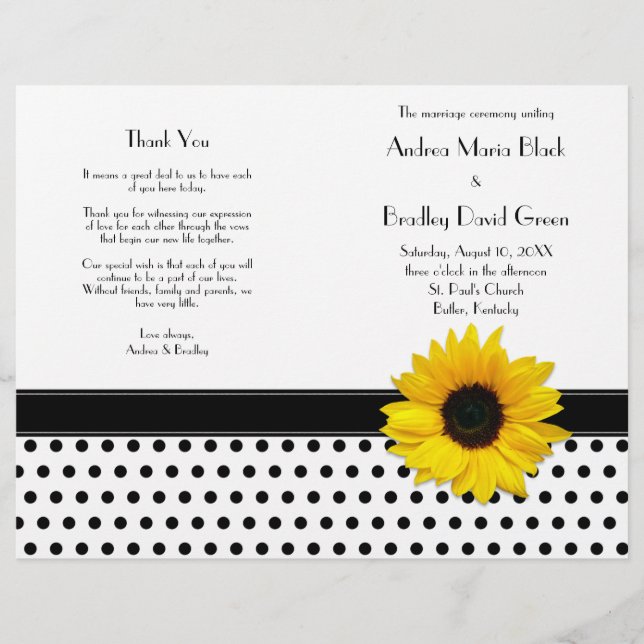 Sunflower Black White Polka Dot Wedding Program (Front)