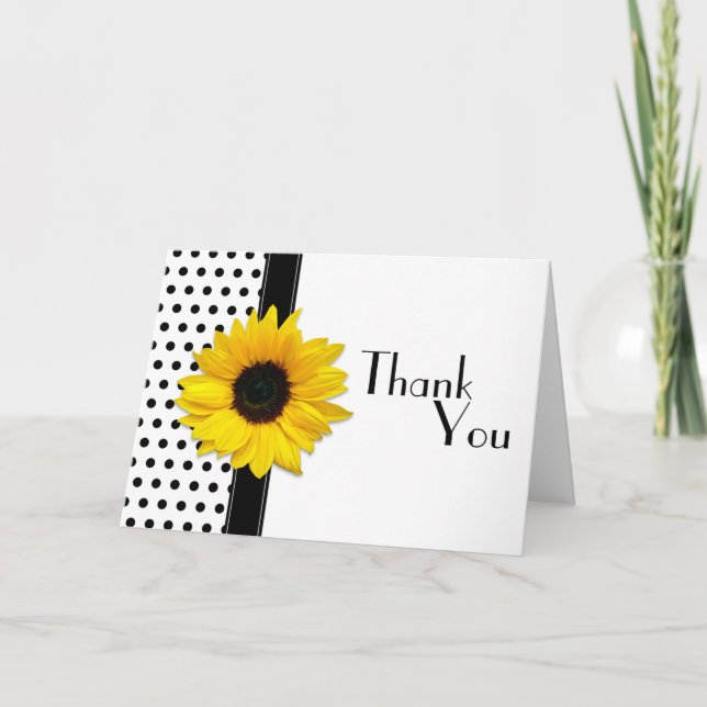 Sunflower Black White Polka Dot Wedding Thank You (Front)