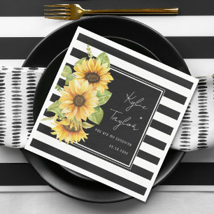 Sunflower Black & White Stripe Wedding or Shower Napkin