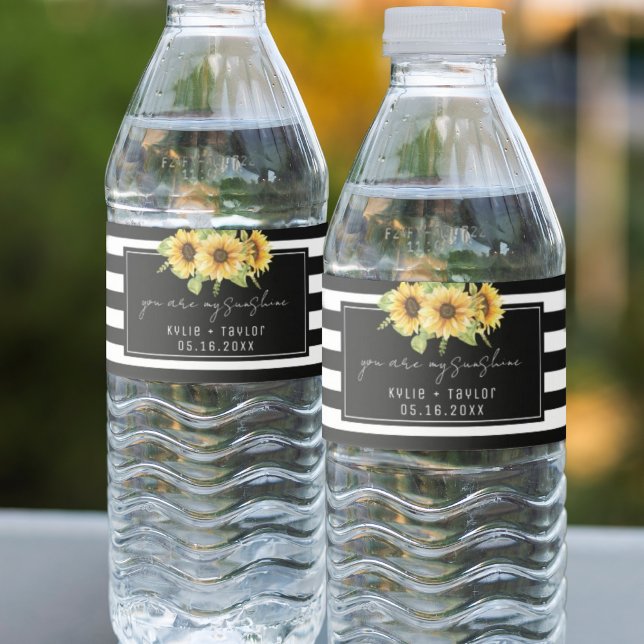 Sunflower Black White Stripe You are My Sunshine Water Bottle Label (Creator Uploaded)