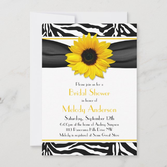 Sunflower Black White Zebra Print Bridal Shower Invitation (Front)