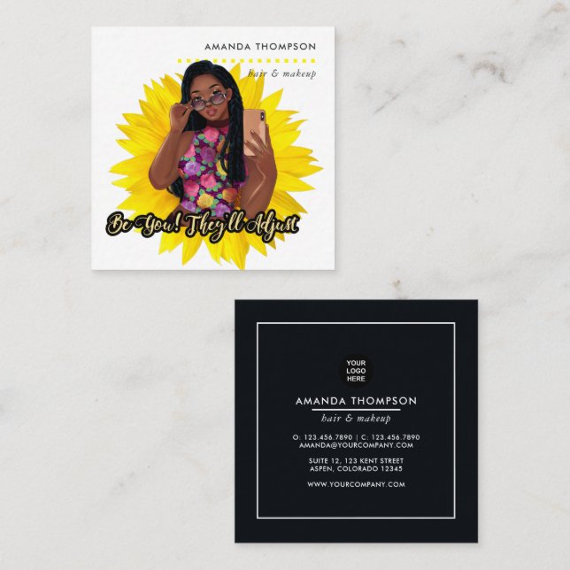 Sunflower Black Woman Beauty Fashion Square Busine Square Business Card (Front/Back)