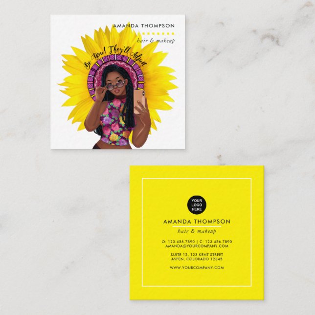 Sunflower Black Woman Beauty Fashion Square Business Card (Front/Back)
