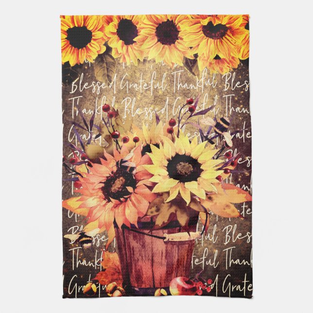 Sunflower Blessings Gratitude Thanksgiving Kitchen Tea Towel (Vertical)