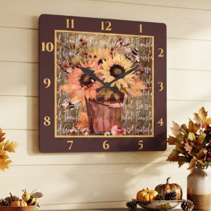 Sunflower Blessings Gratitude Thanksgiving Square Wall Clock