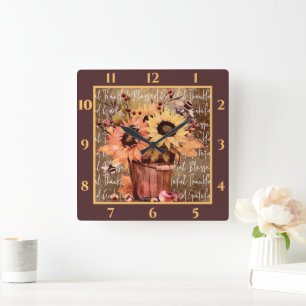 Sunflower Blessings Gratitude Thanksgiving Square Wall Clock
