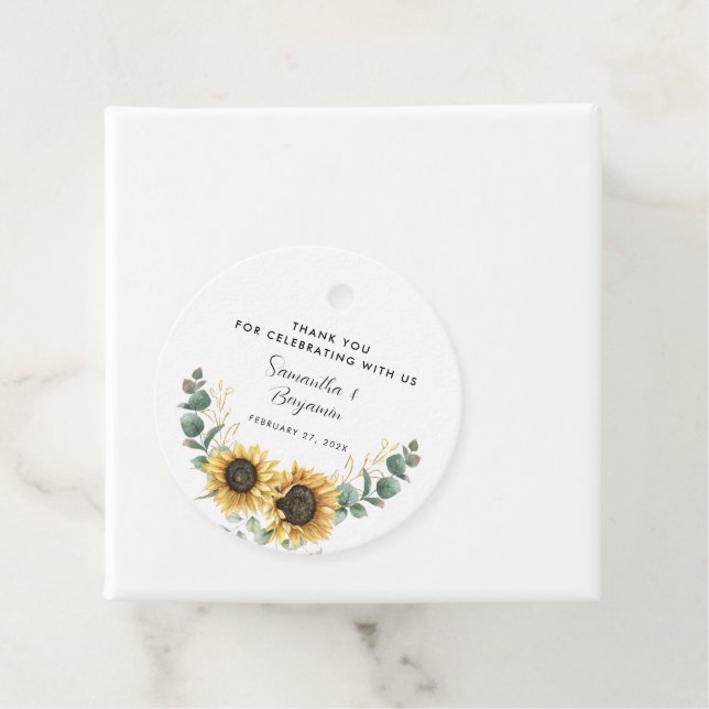 Sunflower Bloom Eucalyptus Wedding Favour Tags (In Situ)