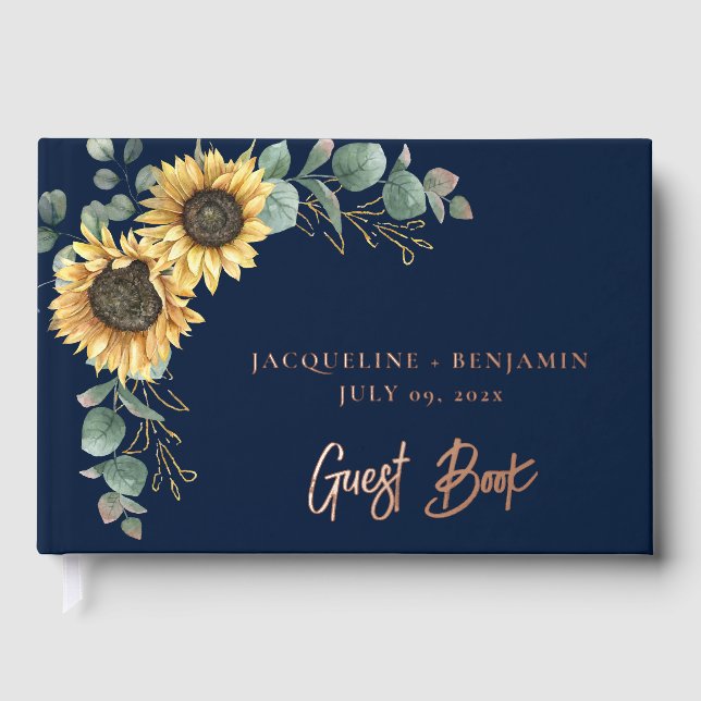 Sunflower Bloom Greenery Script Modern Wedding Guest Book (Front)