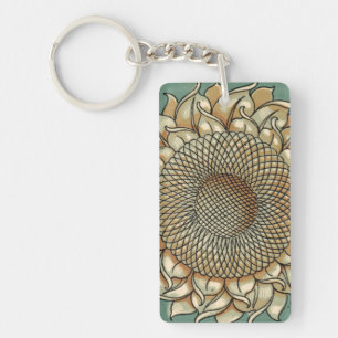 Sunflower Bloom on Blue-green Background Key Ring