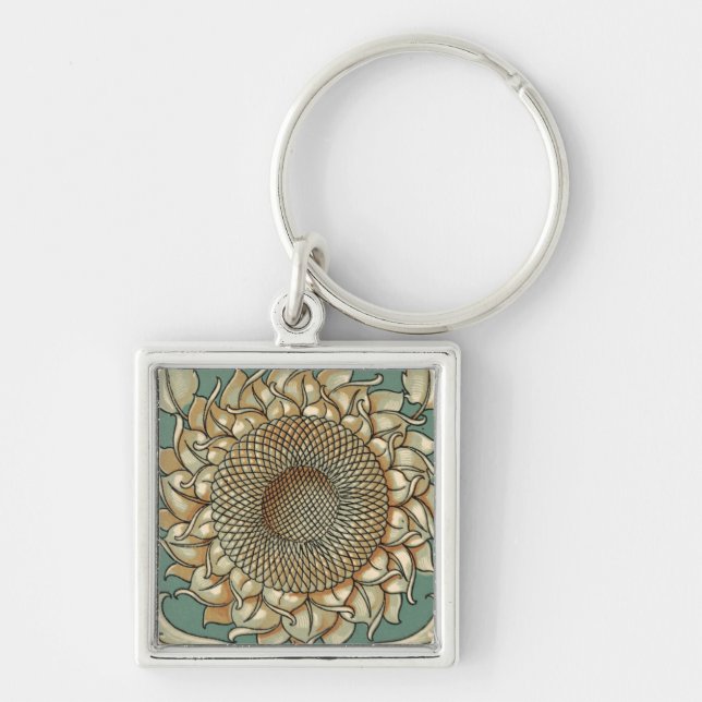 Sunflower Bloom on Blue-green Background Key Ring (Front)