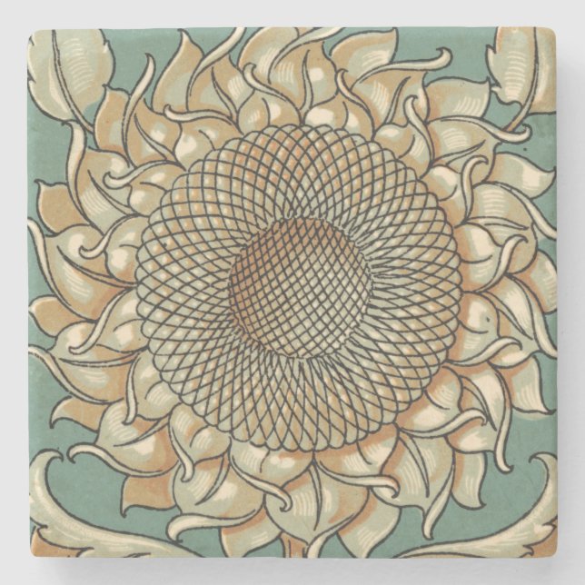 Sunflower Bloom on Blue-green Background Stone Coaster (Front)
