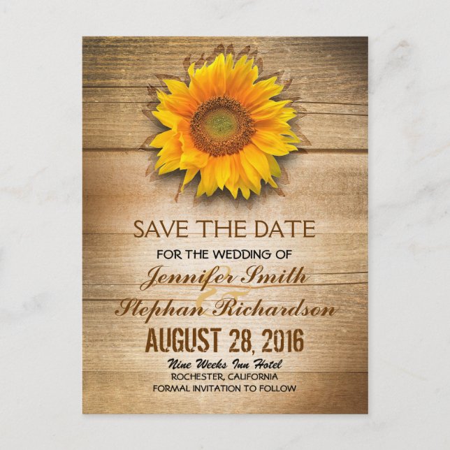 Sunflower blossom & barn wood save the date announcement postcard (Front)