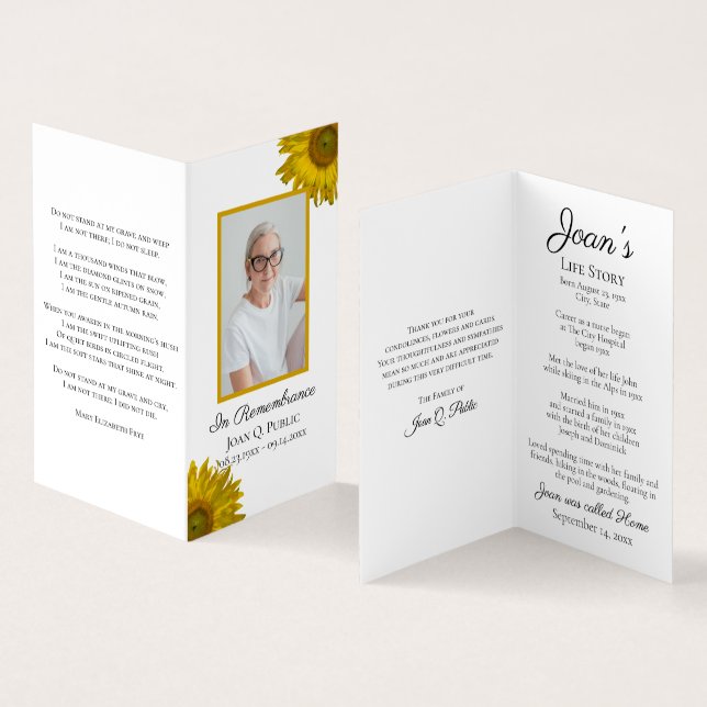 Sunflower Blossoms Funeral Memorial Prayer Business Card (Inside and Outside)