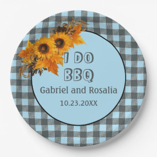 Sunflower & Blue Buffalo Checks Engagement Party Paper Plate