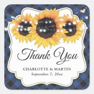Sunflower Blue Buffalo Plaid Wedding Thank You Square Sticker